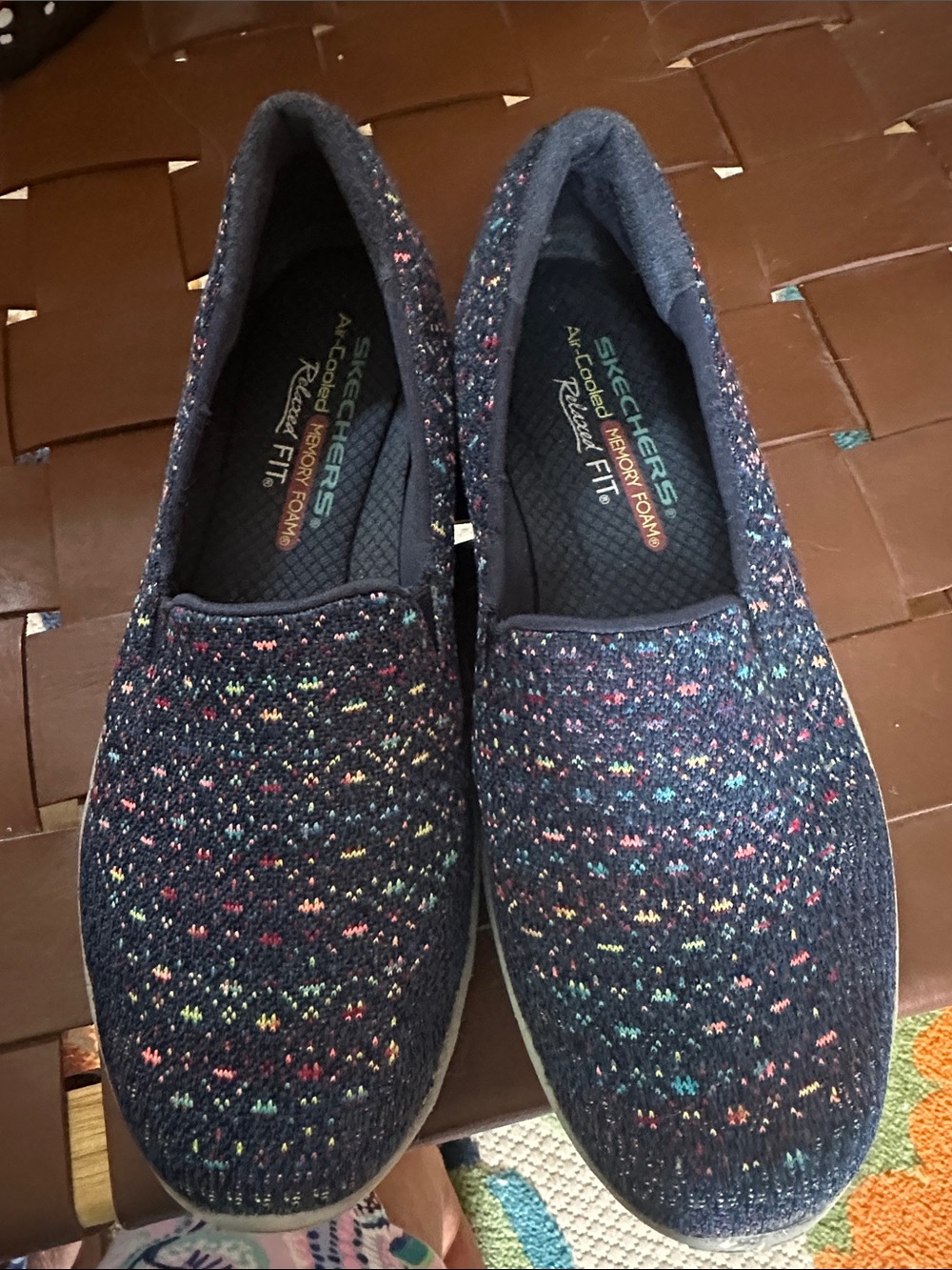 Skechers Navy Knit Slip-On Shoes with Multicolor Speckle